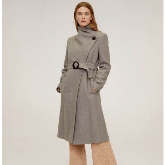 Mango Camel Wide Lapel Manteco Wool Belted Wrap Trench Coat - Picture 3 of 12